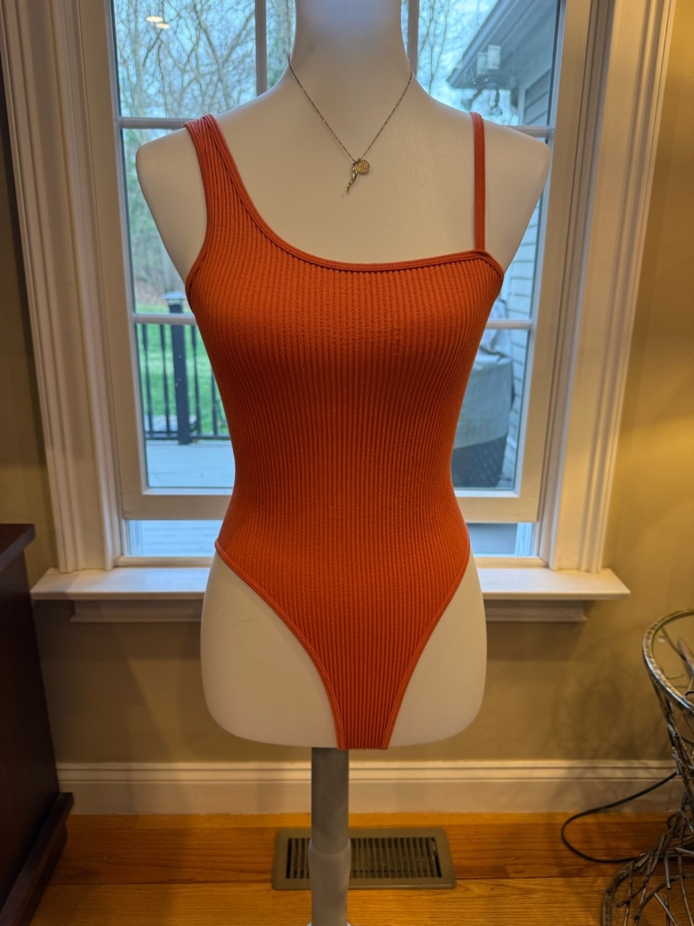 Forever 21 Orange Ribbed One-Shoulder Tank Bodysuit